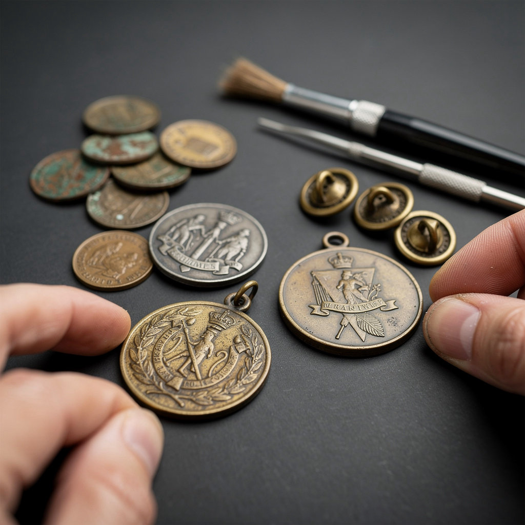 Warfinds WW2 relics collection - authentic coins, medals, buttons and tools from metal detecting adventures