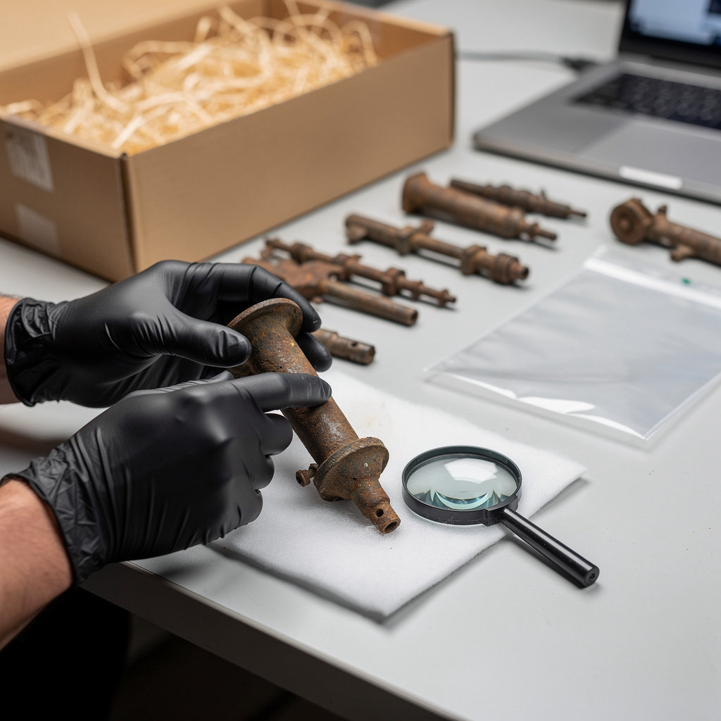 Warfinds authentic WW2 relics - coins, medals, buttons, and tools displayed with metal detecting equipment and provenance documentation